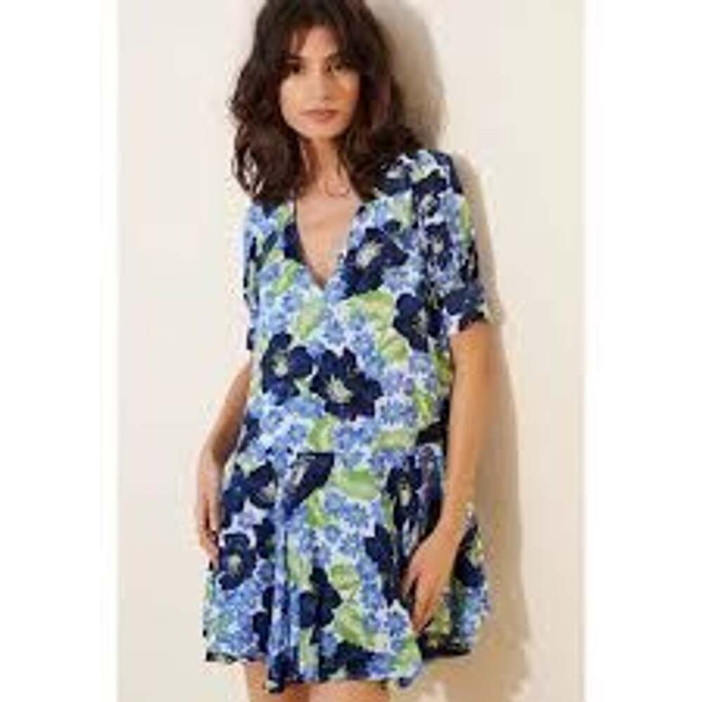 Free People Moon Chaser Blue Floral Tiered Shift Mini Dress SZ XL